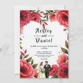 Elegant Red Roses Romantic Couple Floral Wedding Einladung (Vorderseite)