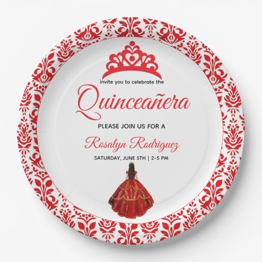 Elegant Red Royal Quinceñera Pappteller (Vorderseite)