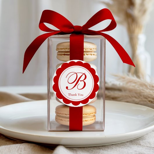 Elegant Red Scalloped Monogram Vielen Dank Runder Aufkleber