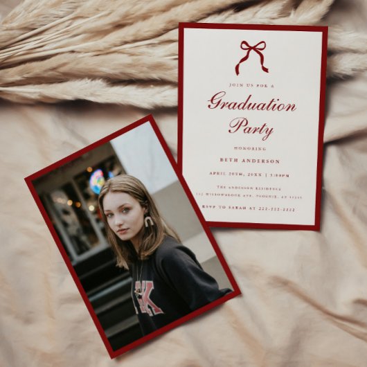 Elegant Red Script Coquette Graduation Party Photo Einladung