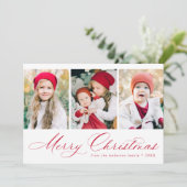 Elegant Red Script Frohe Weihnachten 3 Foto (Stehend Vorderseite)