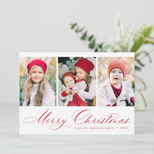 Elegant Red Script Frohe Weihnachten 3 Foto (Stehend Vorderseite)