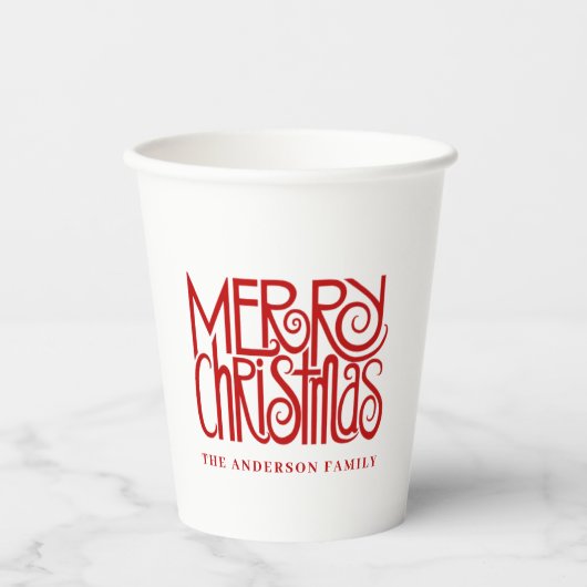 Elegant Red Script Frohe Weihnachten Custom Pappbecher (Vorderseite)