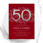 Elegant Red Silver 50. Geburtstag Einladung<br><div class="desc">Elegant rot silber 50. Geburtstagsfeier Einladung. Individuell anpassbares modernes feminines Design mit Rose botanischen Akzenten und Imitaten Glitzer Silber. Einfache florale Einladungskarte perfekt für eine stilvolle Damenfeier. Personalisieren Sie Ihre persönlichen Daten. Gedruckte Zazzle Einladungen oder Sofortdownload digitalen druckbaren Vorlage.</div>