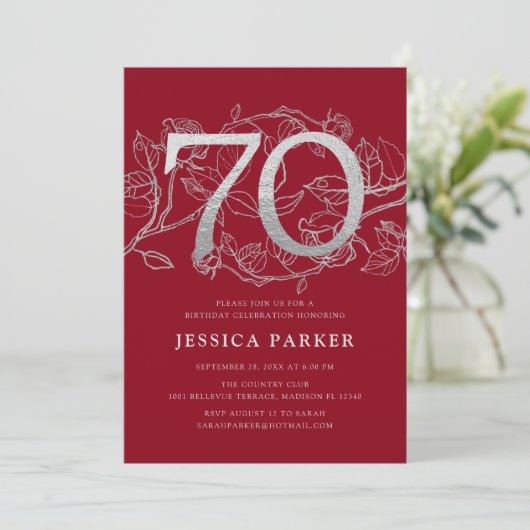 Elegant Red Silver 70. Geburtstag Einladung (Stehend Vorderseite)