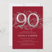 Elegant Red Silver 90. Geburtstag Einladung (Vorderseite)