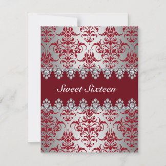 Elegant Red & Silver Damask Sweet16 Einladung
