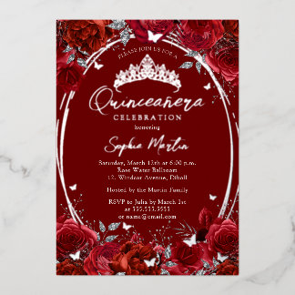 Elegant Red Silver Floral Quinceanera Folieneinladung