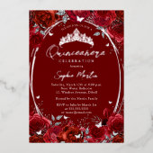 Elegant Red Silver Floral Quinceanera Folieneinladung (Vorderseite)