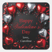 Elegant Red Silver Heart Balloons Valentine's Day Quadratischer Aufkleber (Vorderseite)