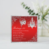 Elegant Red & Silver Masquerade 21. Einladung (Stehend Vorderseite)