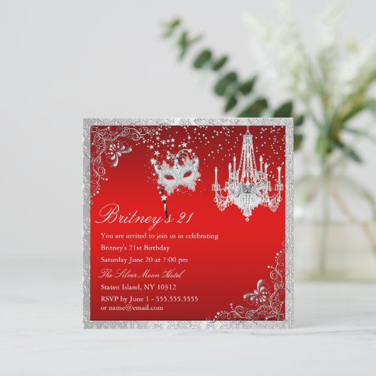 Elegant Red & Silver Masquerade 21. Einladung (Stehend Vorderseite)