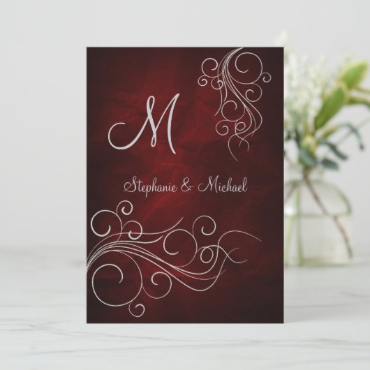 Elegant Red Silver Monogram Wedding Einladung (Stehend Vorderseite)