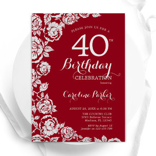 Elegant Red Silver Rose 40. Geburtstag Party Einladung