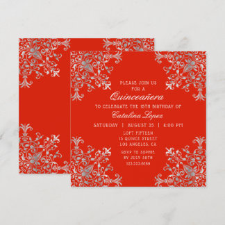 Elegant Red Silver Verziert Floral Quinceñera Einladung