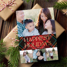 Elegant Red Tartan Christmas Multi-Foto Gold Folien Feiertagskarte