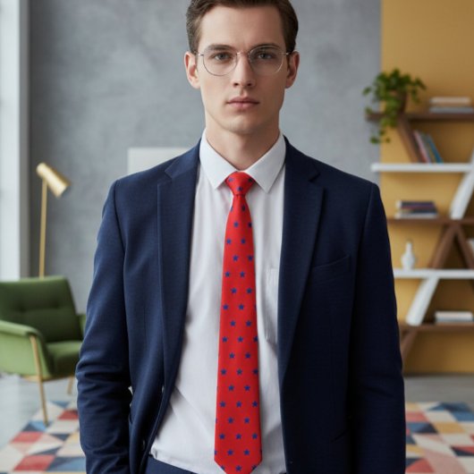 Elegant Red Tie with Embroidered-Effect Blue Stars Krawatte
