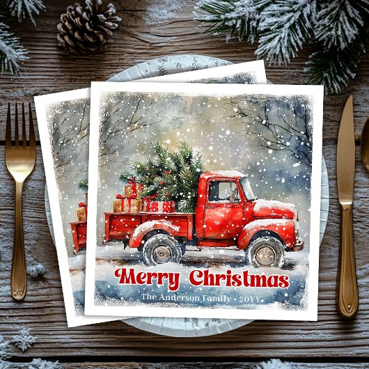 Elegant red truck Christmas scene party napkins Serviette