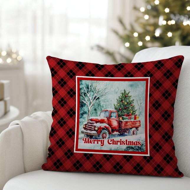 Elegant red truck winter scene rustic festive  kissen (Classic Christmas  THROW PILLOW,
modern Traditional red truck car,
watercolor cozy Christmas scene,
)