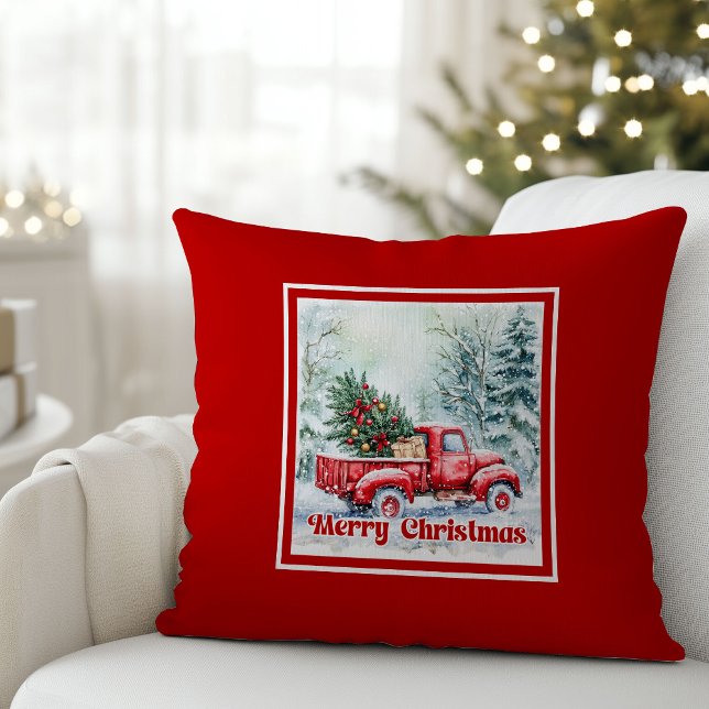 Elegant red truck winter scene rustic festive   kissen (Elegant red truck winter scene rustic festive pillow joy

)