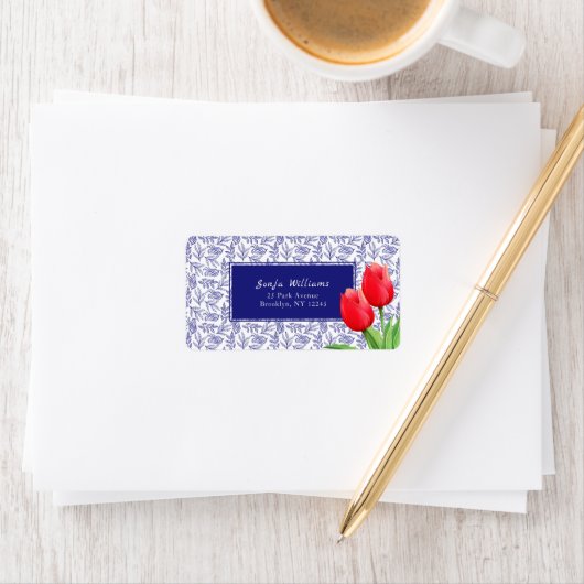 Elegant Red Tulips Spring Floral Blue Adressaufkleber (Insitu)