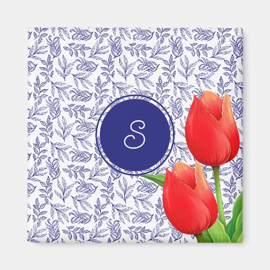 Elegant Red Tulips Spring Floral Blue Monogram Mag Magnet (Vorne)