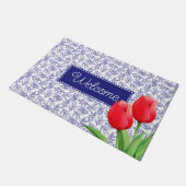 Elegant Red Tulips Spring Floral Blue Willkommen Fußmatte (Schrägansicht)