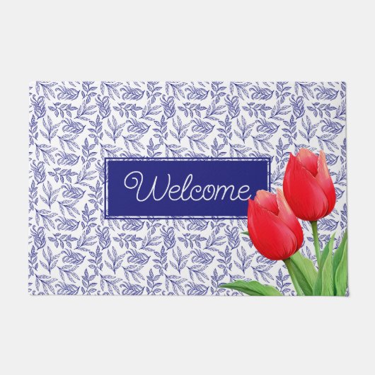 Elegant Red Tulips Spring Floral Blue Willkommen Fußmatte (Vorderseite)