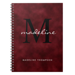 Elegant Red Velvet Script Black Monogram Notizblock