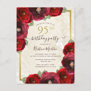 Elegant Red Watercolor Floral Gold 95. Geburtstag Einladungspostkarte