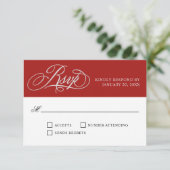 Elegant Red Wedding RSVP mit Script-Schnörkeln (Stehend Vorderseite)