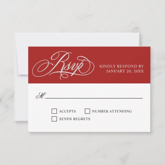 Elegant Red Wedding RSVP mit Script-Schnörkeln Karte (Vorderseite)