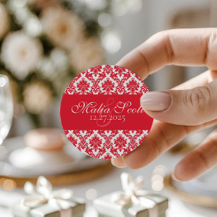 Elegant Red White Damask Wedding Gefallen Runder Aufkleber