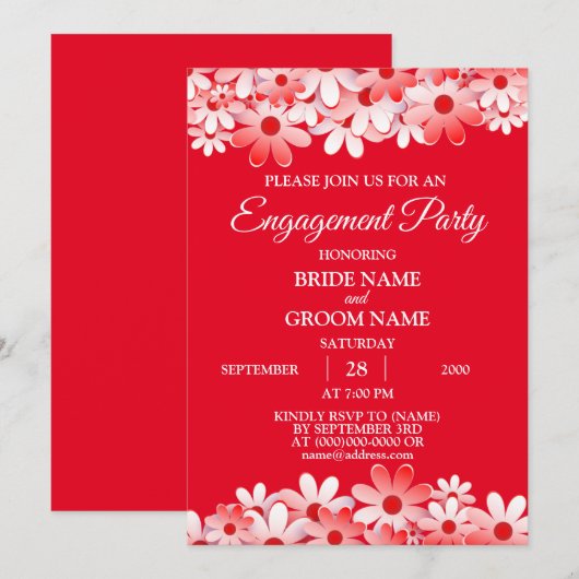 Elegant Red White Floral Engagement Party Einladung (Vorne/Hinten)