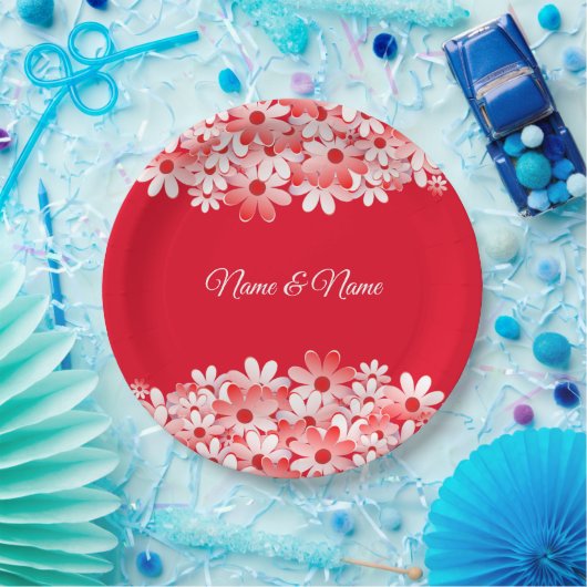 Elegant Red White Floral Name Party Pappteller (Party)