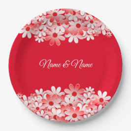Elegant Red White Floral Name Party Pappteller