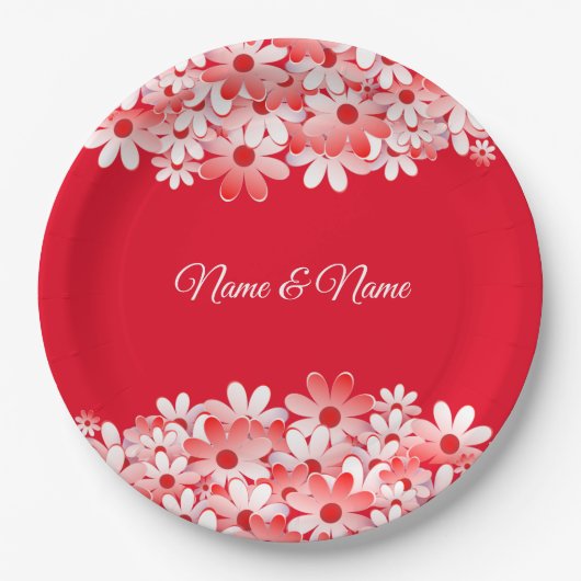 Elegant Red White Floral Name Party Pappteller (Vorderseite)