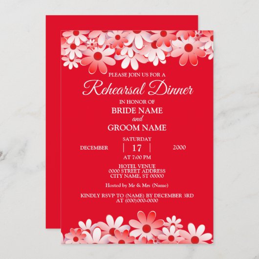 Elegant Red White Floral Wedding Rehearsal Dinner Einladung (Vorne/Hinten)