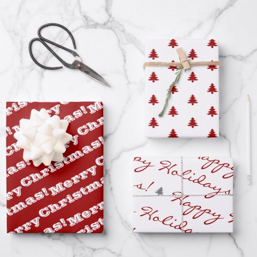 Elegant Red White Frohe Weihnachten glückliche Fei Geschenkpapier Set (Vorderseite)