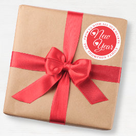 Elegant Red & White “Happy New Year”  Runder Aufkleber