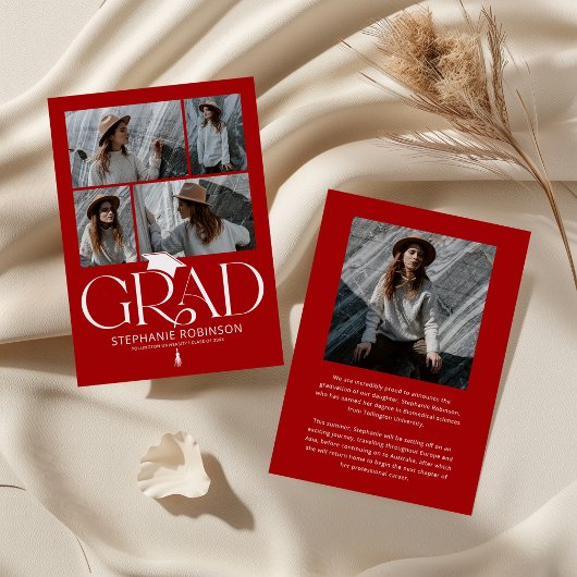 Elegant Red & White Photo Collage Graduation Ankündigung