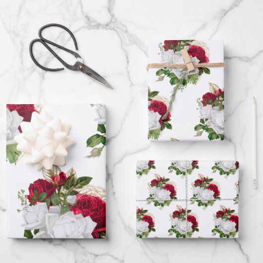 Elegant Red White Roses Bouquet Geschenkpapier Set (Vorderseite)
