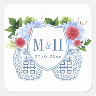 Elegant Red White Wedding Monogram Quadratischer Aufkleber