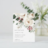 Elegant Red White Winter Christmas Save the Date Ankündigungspostkarte (Stehend Vorderseite)