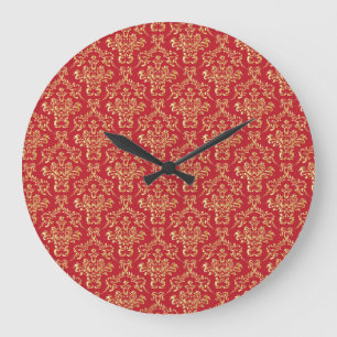 Elegant Red with Gold Damask Wall Clock Große Wanduhr