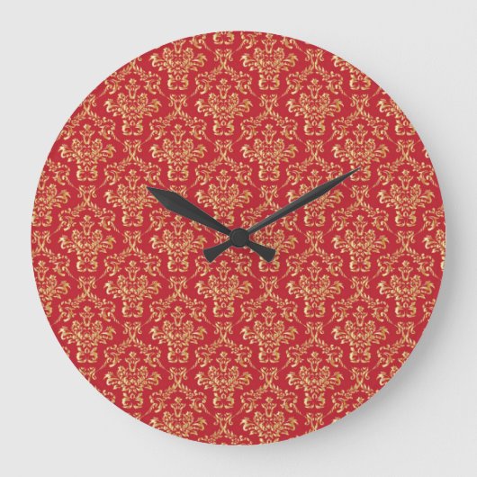 Elegant Red with Gold Damask Wall Clock Große Wanduhr (Vorderseite)