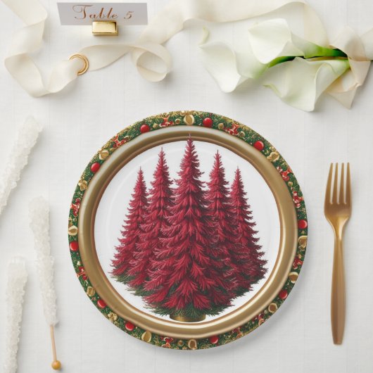 Elegant Red Wreath Berries Gold Merry Xmas tree Pappteller (Hochzeit)