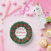 Elegant Red Wreath Holly Berries Christmas Green Pappteller (Party)