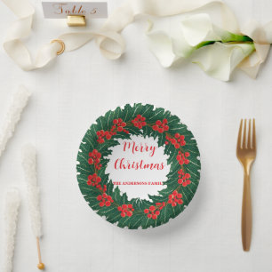 Elegant Red Wreath Holly Berries Christmas Green Pappteller