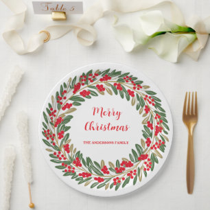 Elegant Red Wreath Holly Berries Christmas Green Pappteller